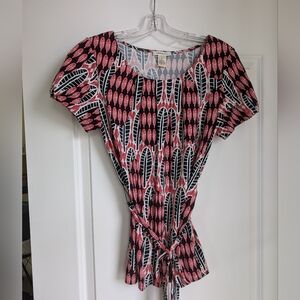 Harold's Rayon Scoop Neck Abstract Leaf Print Black/Red/White Cap Sleeve M